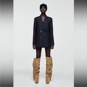 ZARA SUEDE FRINGED OVER THE KNEE BOOTS BEIGE SUEDE SZ 6